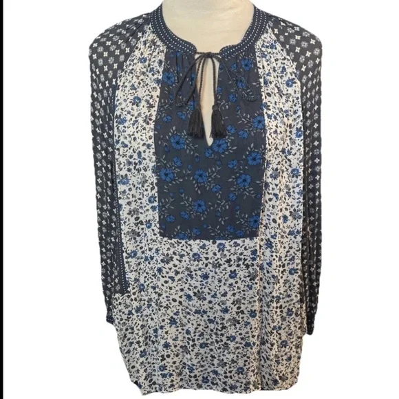 Lucky Brand Women's Floral Print 3/4 Sleeve Boho Blouse Tie Neck Blues Large - Picture 3 of 9